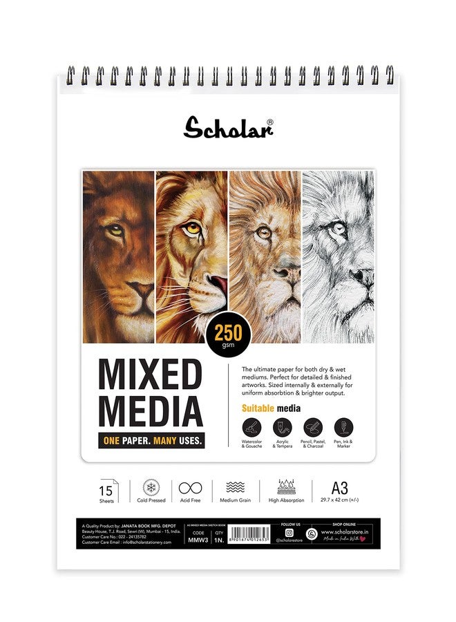 Scholar Mixed Media Paper - 250 GSM Cold Pressed Medium Grain | 15 Sheets | Premium Artist Paper for Watercolour, Acrylic, Ink, Pencil & Mixed Media Art Practice (Wiro) (A3) (MMW3) - Image 1